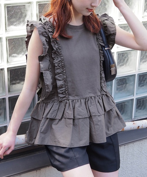セール】ティアード切り替えフリルカットソー（Tシャツ