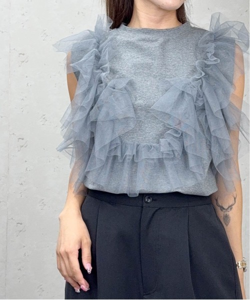 Per sist ence(パーシエンス)の「チュールフリルドッキングタンクトップ/ノースリーブ(Tシャツ/カットソー・レディース・オフホワイト/グレー/ブラック・ONE SIZE)」の15枚目の写真