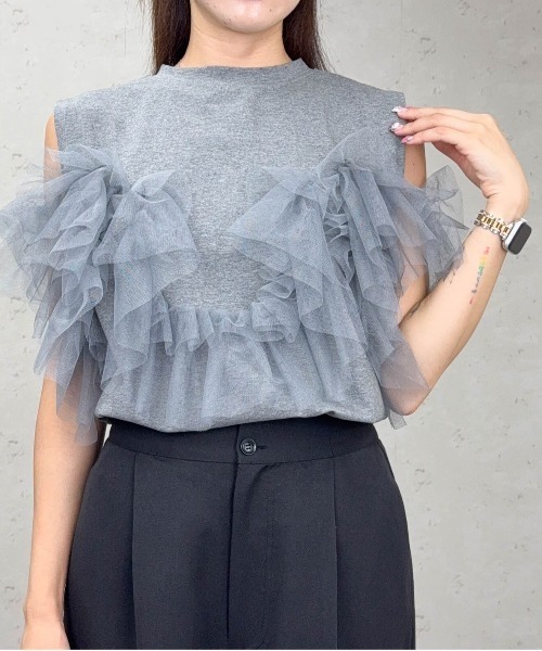 Per sist ence(パーシエンス)の「チュールフリルドッキングタンクトップ/ノースリーブ(Tシャツ/カットソー・レディース・オフホワイト/グレー/ブラック・ONE SIZE)」の14枚目の写真