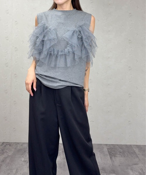 Per sist ence(パーシエンス)の「チュールフリルドッキングタンクトップ/ノースリーブ(Tシャツ/カットソー・レディース・オフホワイト/グレー/ブラック・ONE SIZE)」の8枚目の写真