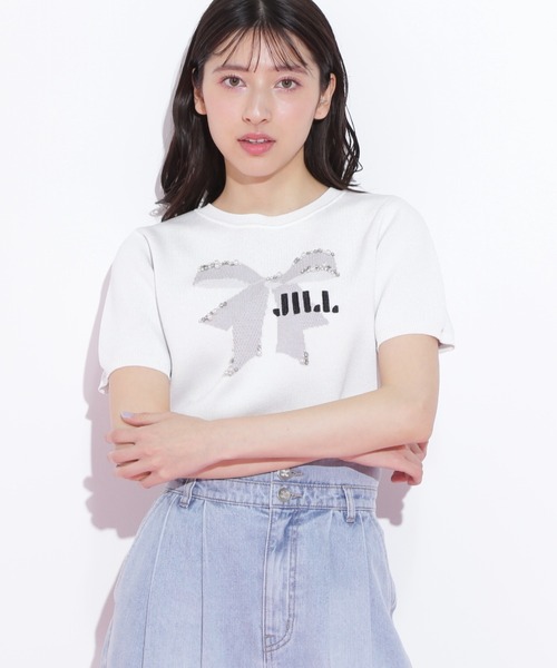 JILL by JILL STUART（ジルバイジルスチュアート）の「◇リボンジャガードビジューニットトップス（ニット/セーター・レディース・ブラック/ホワイト/ラベンダー・FREE）」の2枚目の写真