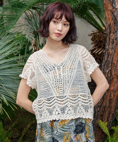 anap mimpi(アナップミンピ)の「クロッシェ編み 透かし 半袖 プルオーバー トップス(Tシャツ/カットソー・レディース・キナリ・FREE)」の1枚目の写真