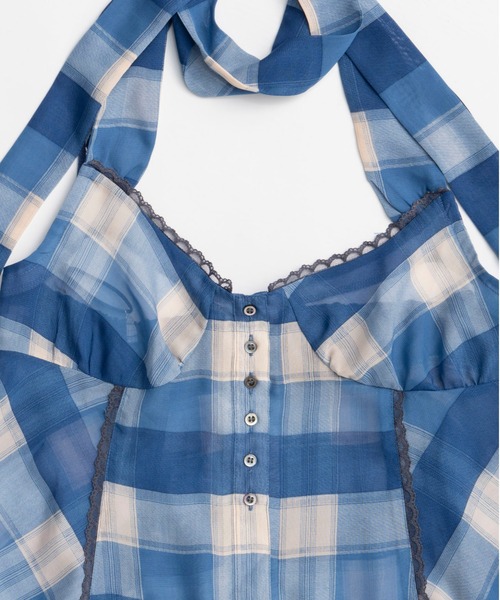 Plaid Halter Peplum Sheer Tops/チェックホルターペプラム