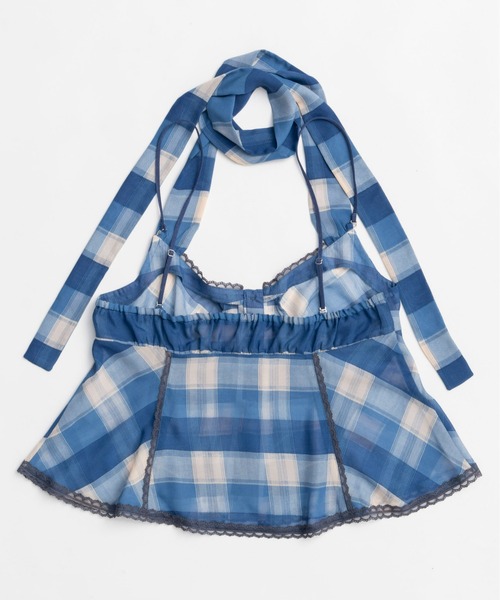 Plaid Halter Peplum Sheer Tops/チェックホルターペプラム