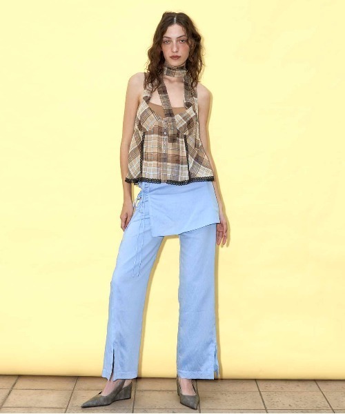 Plaid Halter Peplum Sheer Tops/チェックホルターペプラム