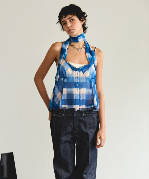 Plaid Halter Peplum Sheer Tops/チェックホルターペプラム