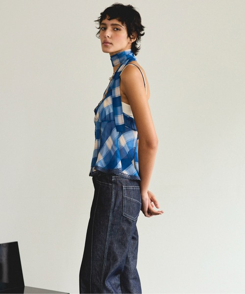 Plaid Halter Peplum Sheer Tops/チェックホルターペプラム