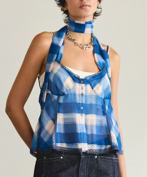 Plaid Halter Peplum Sheer Tops/チェックホルターペプラム
