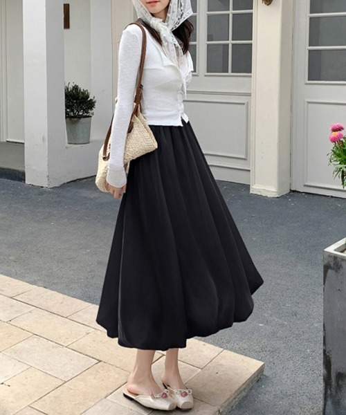黒 ロングバルーンスカート 光沢素材 バルーンロングスカート – LIAN