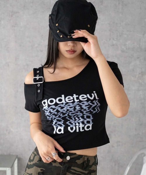 WEGO(ウィゴー)の「WEGO/ベルトワンショルグラフィックちびT(Tシャツ/カットソー・レディース・ブラック/ホワイト・FREE)」の2枚目の写真