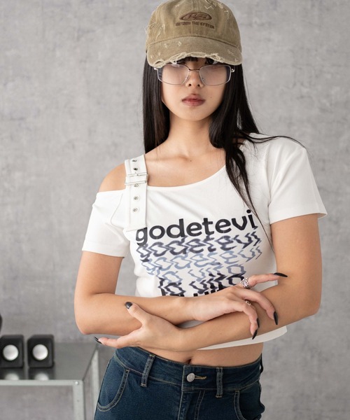 WEGO(ウィゴー)の「WEGO/ベルトワンショルグラフィックちびT(Tシャツ/カットソー・レディース・ブラック/ホワイト・FREE)」の6枚目の写真