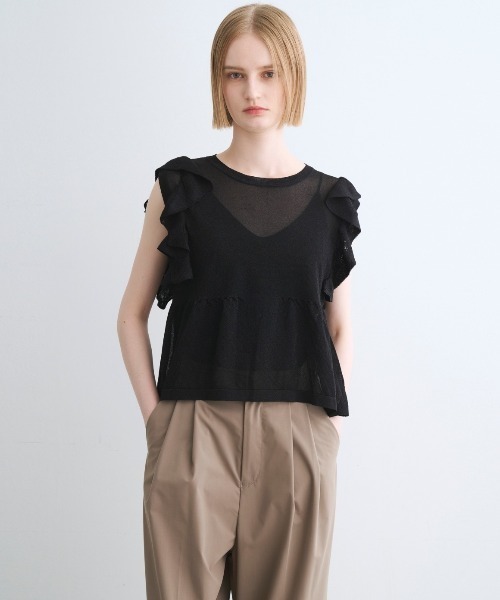 three dots(スリードッツ)の「シマ―セーター ラッフルトップス(Tシャツ/カットソー・レディース・ブラック・SMALL)」の1枚目の写真