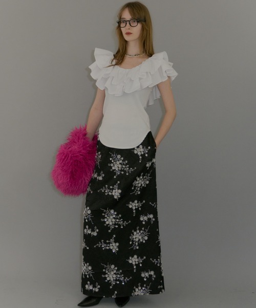 yae（ヤエ）の「Flower embroidery skirt / フラワーエンブロイダリースカート（スカート・レディース・ブラック/ホワイト・38/36）」の6枚目の写真