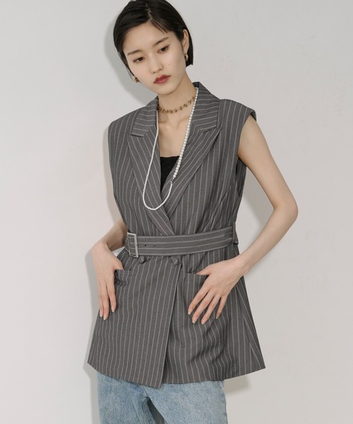 Ezick（エジック）の「Pinstripe ベルトツキジレベスト/setup対応（ベスト・レディース・オフホワイト/ブラック系その他/グレー・FREE）」の3枚目の写真