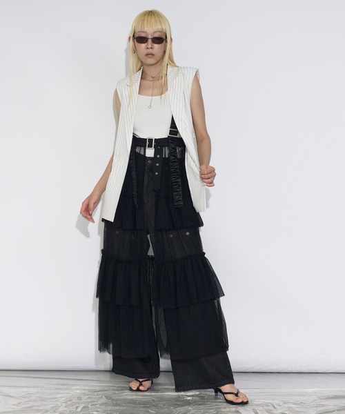 Ezick（エジック）の「Pinstripe ベルトツキジレベスト/setup対応（ベスト・レディース・オフホワイト/ブラック系その他/グレー・FREE）」の5枚目の写真