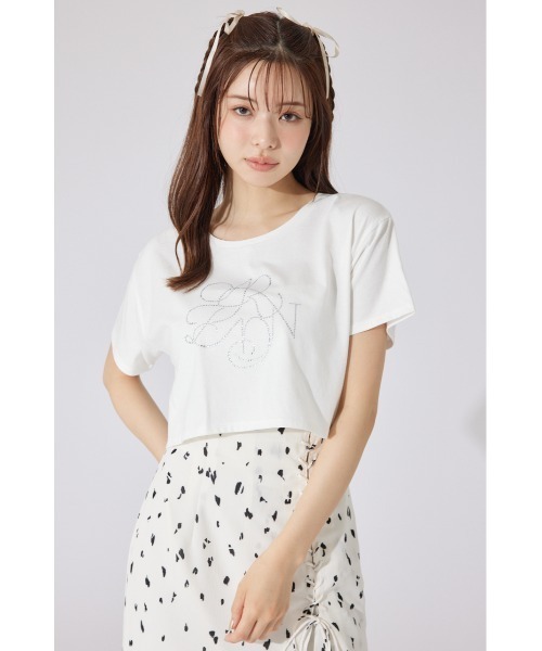 rienda（リエンダ）の「【AKB48 千葉恵里さん着用】ラインストーンロゴTシャツ 夏服 半袖（Tシャツ/カットソー・レディース・ホワイト/ブラック/ライトピンク・FREE）」の6枚目の写真