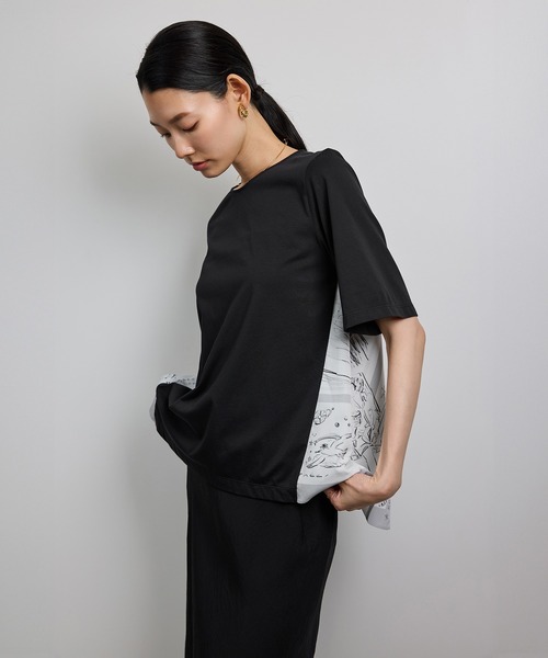 tシャツ 「洗える」「YUKO SAEKI for ROPE’・コラボ」スカーフ柄プリント Aラインカットソー レディース ROPE' tシャツ 「洗える」「YUKO SAEKI for ROPE'・コラボ