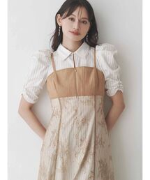 美品　クレッシェントデュオ　花柄　ボタニカル柄　ワンピース　麻　ベージュ　M 美品 クレッシェントデュオ 花柄 ボタニカル柄 ワンピース 麻