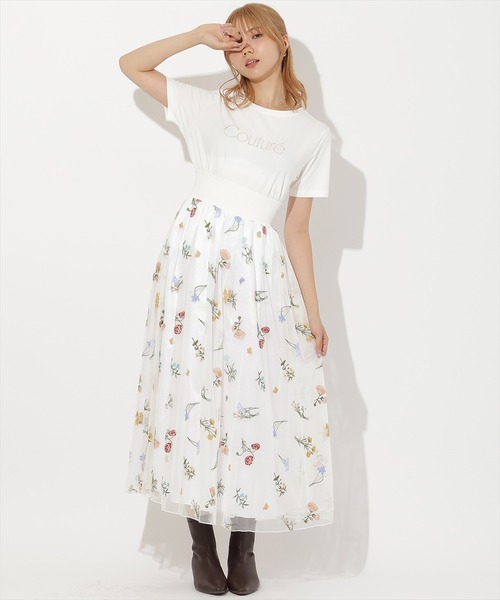 AND COUTURE(アンドクチュール)の「ボタニカル柄刺繍チュールスカート(スカート・レディース・オフホワイト/ブラック・FREE)」の6枚目の写真
