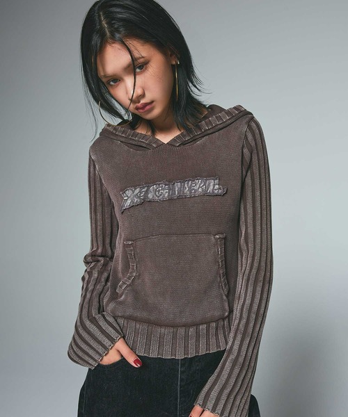 X-girl(エックスガール)の「FADED WOVEN MIX KNIT HOODIE(パーカー・レディース・ブラック/オリーブ/ブラウン・ONE SIZE)」の1枚目の写真