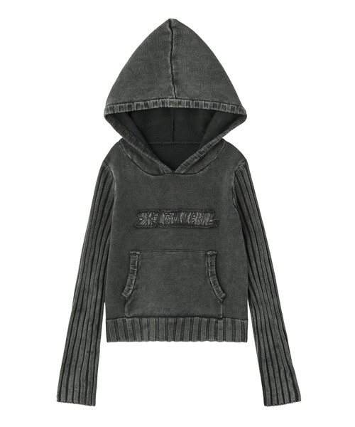 X-girl(エックスガール)の「FADED WOVEN MIX KNIT HOODIE(パーカー・レディース・ブラック/オリーブ/ブラウン・ONE SIZE)」の2枚目の写真