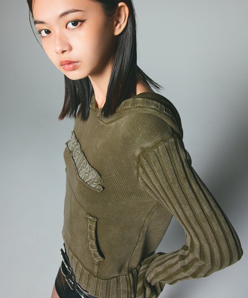 X-girl(エックスガール)の「FADED WOVEN MIX KNIT HOODIE(パーカー・レディース・ブラック/オリーブ/ブラウン・ONE SIZE)」の11枚目の写真