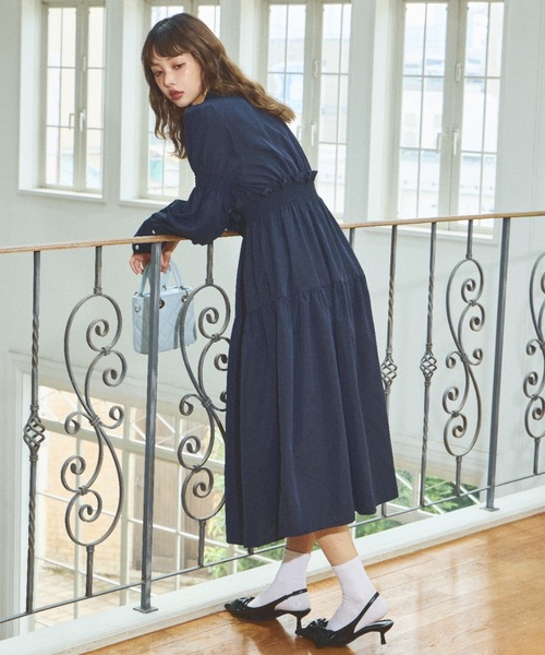 キャロリーナヘレラ ドット ティアード 長袖 シャツワンピース ネイビー 6 ST.ROONEY/低身長の女性で映える ティアードシャツワンピース