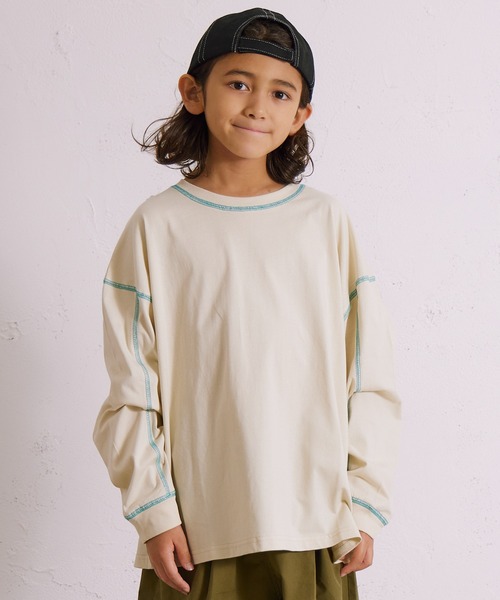PAIRMANON STREET(ペアマノンストリート)の「【綿100%】配色ステッチ 長袖 Tシャツ【PAIRMANON STREET】(Tシャツ/カットソー・キッズ・ブラック/ミント/イエロー/アイボリー/ホワイト/ライトブルー・90/160/150/140/130/120/110/100)」の3枚目の写真