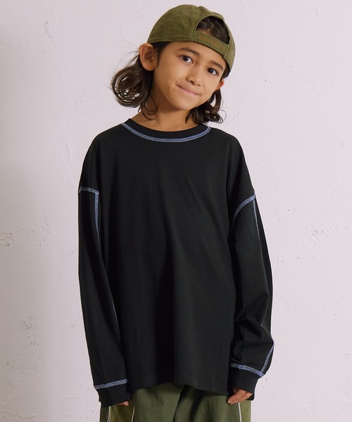 PAIRMANON STREET(ペアマノンストリート)の「【綿100%】配色ステッチ 長袖 Tシャツ【PAIRMANON STREET】(Tシャツ/カットソー・キッズ・ブラック/ミント/イエロー/アイボリー/ホワイト/ライトブルー・90/160/150/140/130/120/110/100)」の1枚目の写真