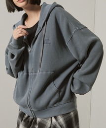 【Alfred Alex】ヴィンテージ加工スノーウォッシュワンポイントロゴ刺繍オーバーサイズワッフルパーカー