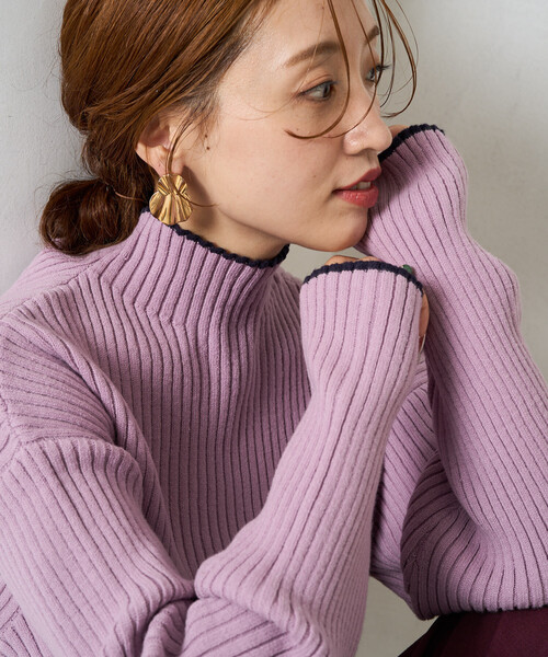 FREAK'S STORE（フリークスストア）の「限定展開　配色 ライン リブニット ハイネック プルオーバー（ニット/セーター・レディース・パープル/ネイビー/ライトグレー/ブラック/オフホワイト/ナチュラル/ブルー/ブラウン・ﾌﾘ-）」の8枚目の写真