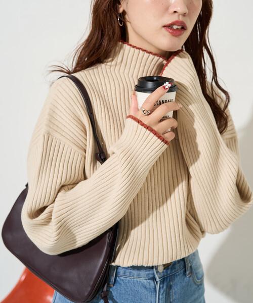 セール】限定展開 配色 ライン リブニット ハイネック プルオーバー