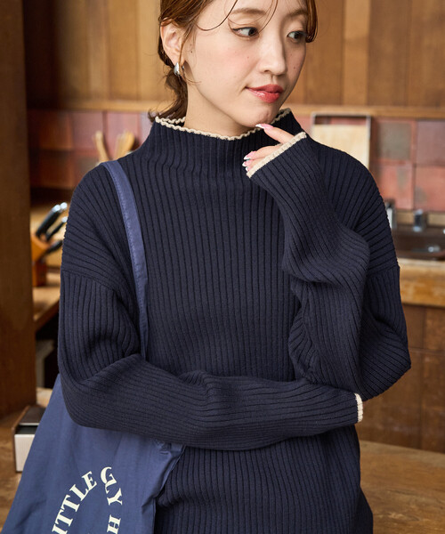 セール】限定展開 配色 ライン リブニット ハイネック プルオーバー