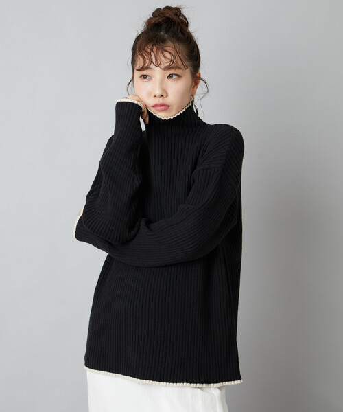 限定展開 配色 ライン リブニット ハイネック プルオーバー（ニット