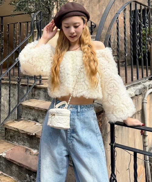 ROYAL PARTY（ロイヤルパーティー）の「フリルチュールオフショルダートップス（シャツ/ブラウス・レディース・ピンク/オフホワイト/ブラック・FREE）」の2枚目の写真