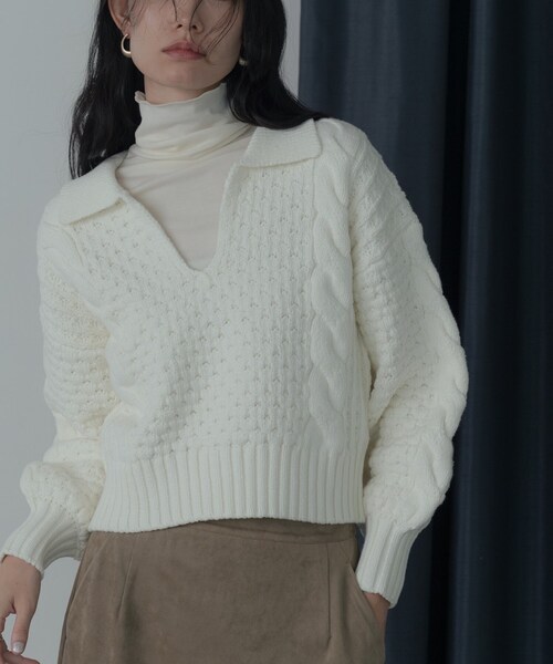 GALLEST（ギャレスト）の「スキッパーフォルムニット（ニット/セーター・レディース・サックスブルー/ブラック/オフホワイト・38）」の8枚目の写真
