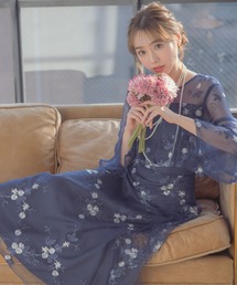 Retica（レティカ）の「パーティードレス 結婚式 フラワーチュール デコルテシアー 七分袖 ベルスリーブ ロングドレス マタニティ 20代 30代 大きいサイズ お呼ばれ 低身長（ドレス）」