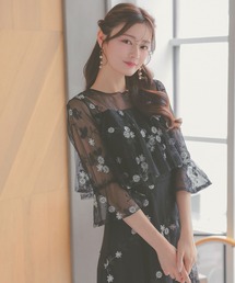 Retica（レティカ）の「パーティードレス 結婚式 フラワーチュール デコルテシアー 七分袖 ベルスリーブ ロングドレス マタニティ 20代 30代 大きいサイズ お呼ばれ 低身長（ドレス）」