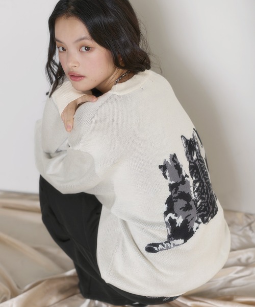 MSGirl(エムエスジーガール)の「アニマルジャガードニット 猫 犬(ニット/セーター・レディース・ホワイト/ブラウン/ネイビー/ブラック・M)」の9枚目の写真