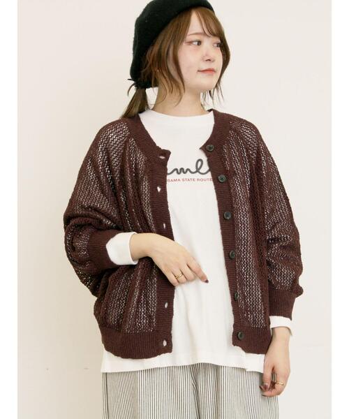 Samansa Mos2(サマンサ モスモス)の「メッシュ編み前後2WAYドルマンスリーブカーディガン(カーディガン/ボレロ・レディース・キナリ/グリーン/ダークブラウン/オレンジ・F)」の2枚目の写真