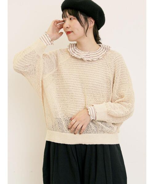 Samansa Mos2(サマンサ モスモス)の「メッシュ編み前後2WAYドルマンスリーブカーディガン(カーディガン/ボレロ・レディース・キナリ/グリーン/ダークブラウン/オレンジ・F)」の1枚目の写真