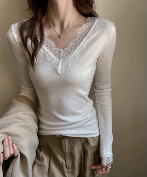 セール】Y2K レース付きタイトニットトップス（Tシャツ/カットソー