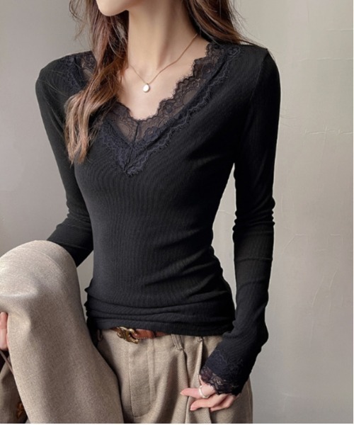 セール】Y2K レース付きタイトニットトップス（Tシャツ/カットソー