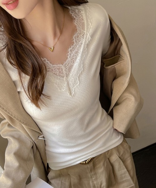 セール】Y2K レース付きタイトニットトップス（Tシャツ/カットソー
