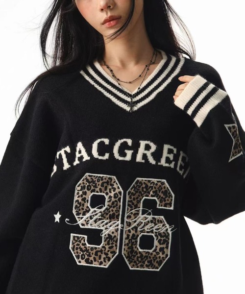 セール】配色ライン×レオパード刺繍が映える！肩落ちBIGシルエットV