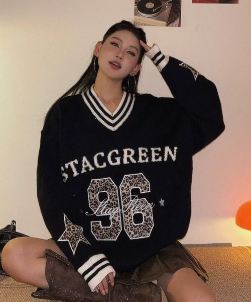 セール】配色ライン×レオパード刺繍が映える！肩落ちBIGシルエットV