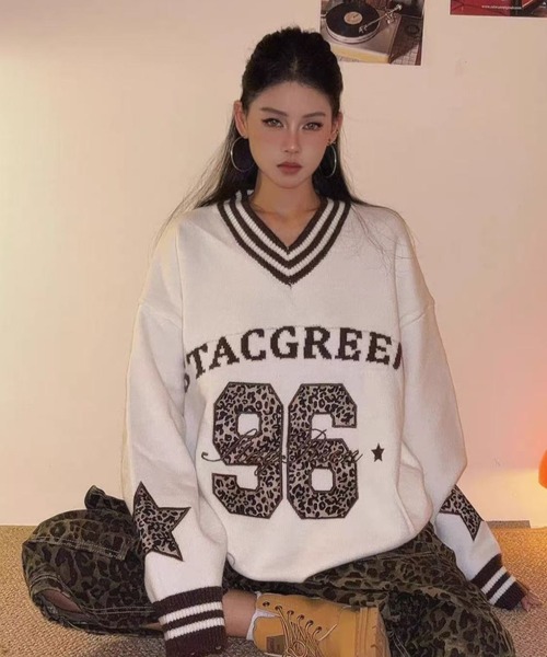 セール】配色ライン×レオパード刺繍が映える！肩落ちBIGシルエットV