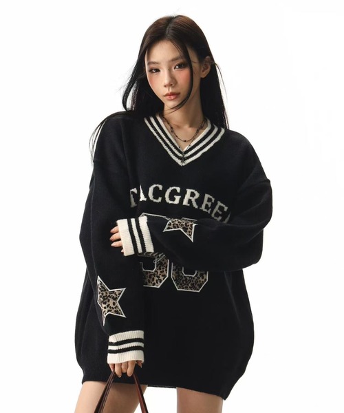 Sibra(シブラ)の「配色ライン×レオパード刺繍が映える!肩落ちBIGシルエットVネックニット(ニット/セーター・レディース・アイボリー/ブラック・M)」の17枚目の写真