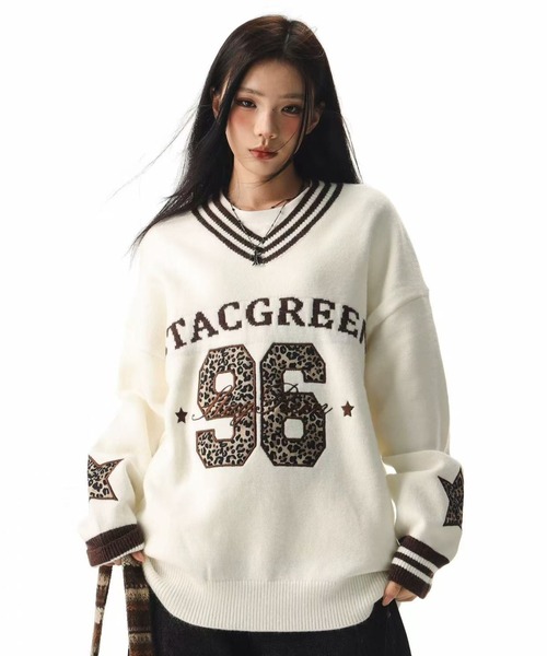 Sibra(シブラ)の「配色ライン×レオパード刺繍が映える!肩落ちBIGシルエットVネックニット(ニット/セーター・レディース・アイボリー/ブラック・M)」の20枚目の写真