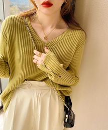 Tシャツ/カットソー（イエロー/黄色系・Vネック）ファッション通販